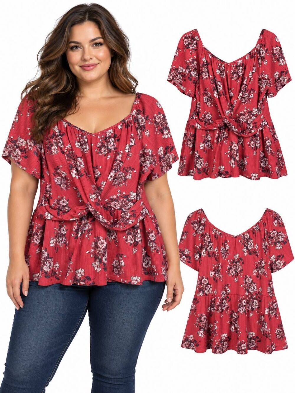 Maurices 1X Red Floral Twist Front Ribbed Peplum Top